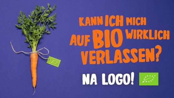 Eine Möhre mit einem Faden, an dem das EU-Biologo hängt, daneben der Schriftzug " Kann ich mich auf Bio wirklich verlassen? Na Logo!"