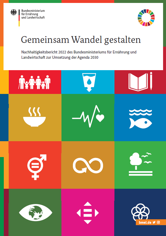 Broschürencover mit dem Titel "Gemeinsam Wandel gestalten - Nachhaltigkeitsbericht 2022". Auf dem Deckblatt sind die bunten Grafiken der Sustainable Development Goals (SGD) zu sehen. 