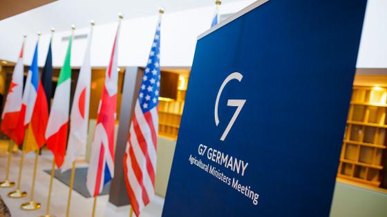 Flaggen, daneben der Schriftzug G7 Germany