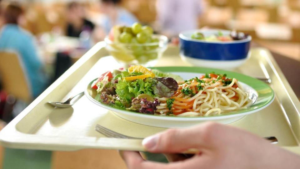 Man sieht Hände, die ein Tablett mit einem Teller sowie einer Obstschale tragen. Der Teller ist mit Pasta und Salat befüllt. Im Hintergrund sieht man besetzte Tische in einer Kantine.