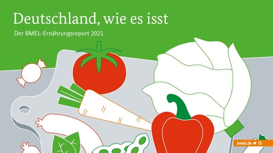Gezeichnete Darstellung eines Schneidebrettes mit Tomate, Karotte, Kohl, Wurst und Süßigkeiten - darüber der Titel des Ernährungsreports 2021